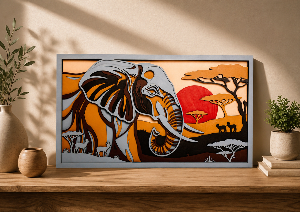 8-Layer Premium 3D Elephant Safari Wall Art