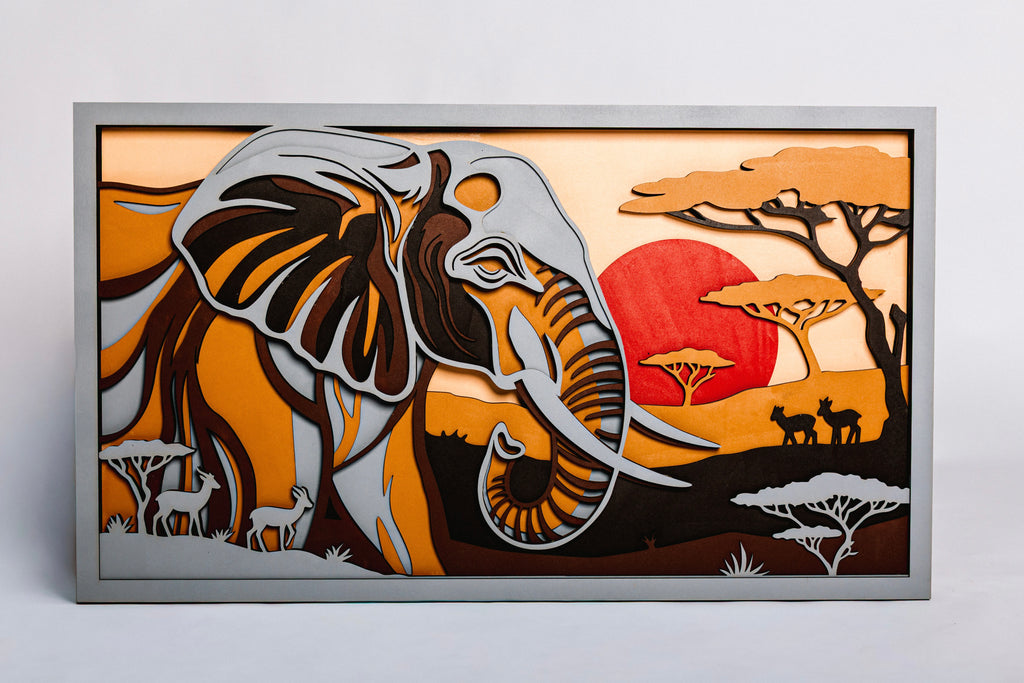 8-Layer Premium 3D Elephant Safari Wall Art