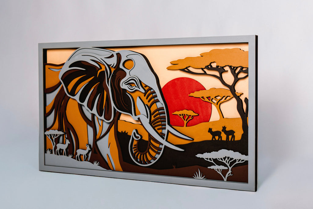 8-Layer Premium 3D Elephant Safari Wall Art